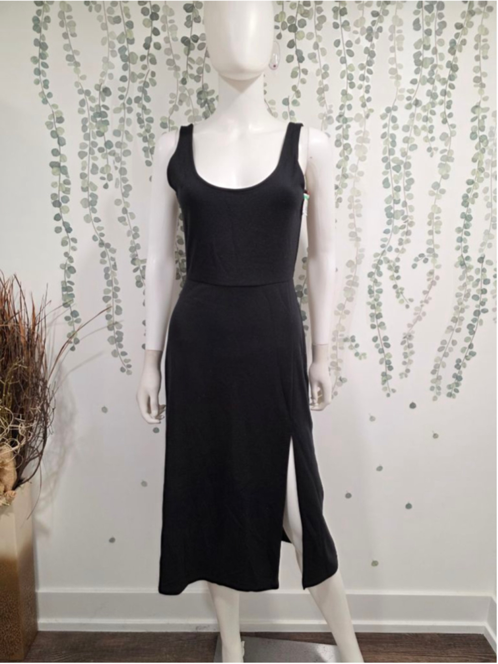 Open Edit Black Sleeveless Midi Dress Side Slit Stretch Knit Size Medium NWOT - Picture 4 of 10